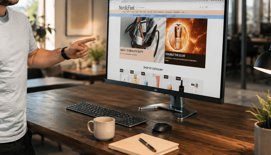 Visualisering av NordicFeels e-handelsupplevelse på en bildskärm.